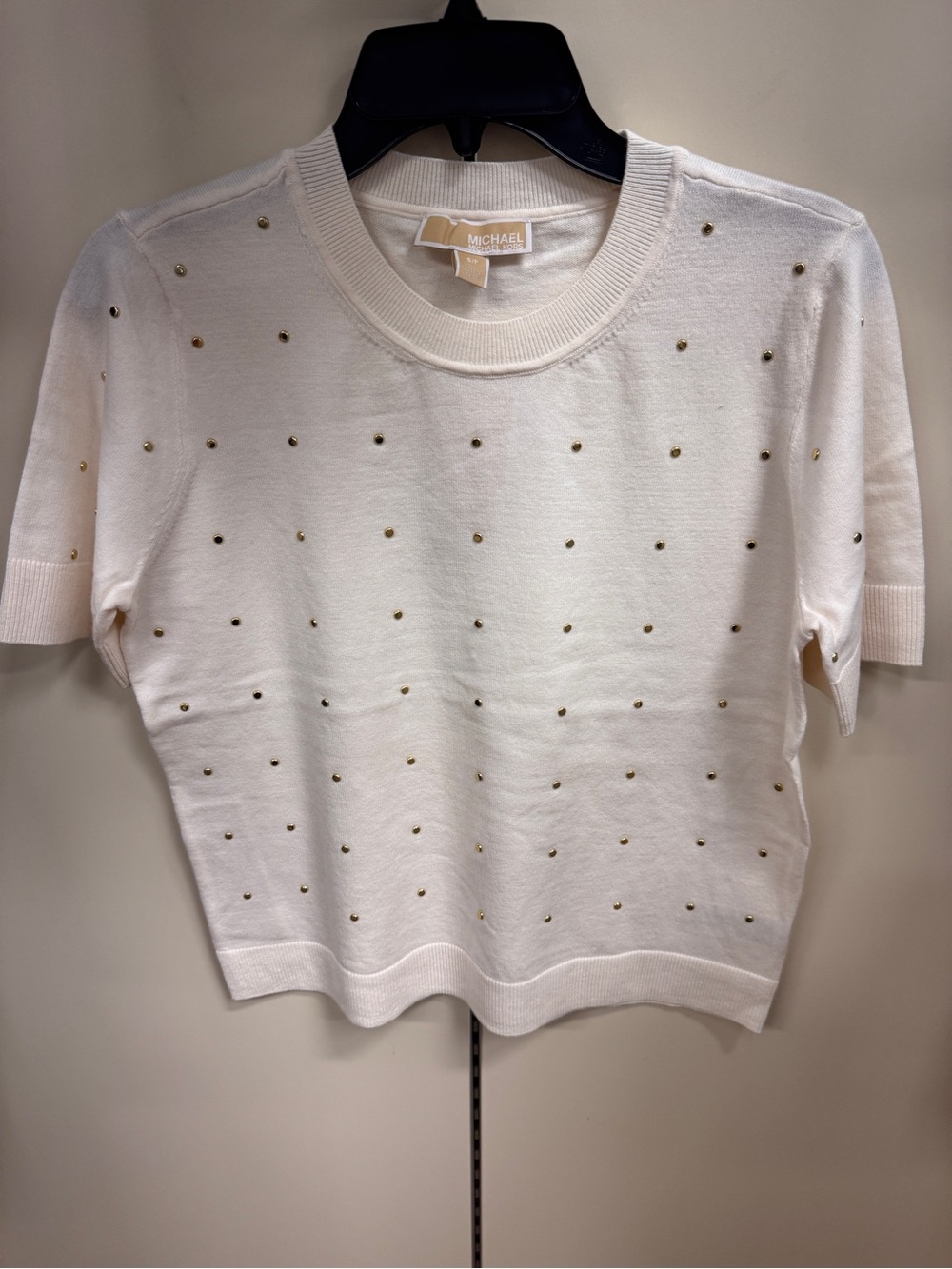 Michael Kors Cream Short-Sleeve Knit Top with Gold Studs